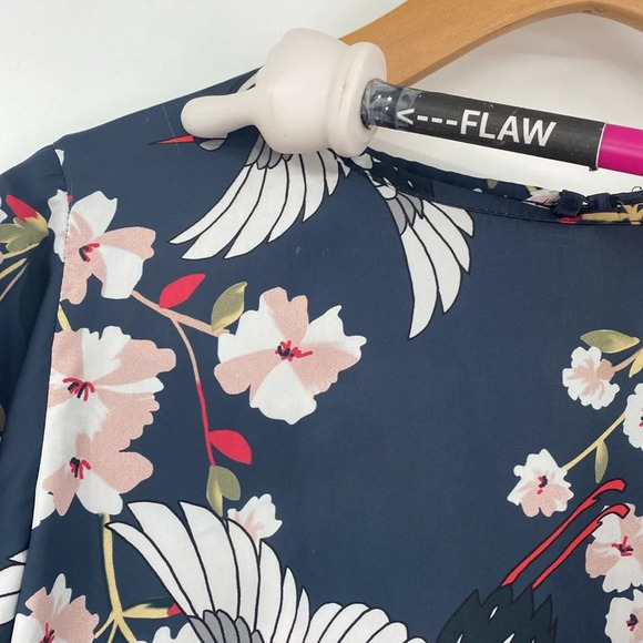 Almatrichi Blouse Womens Small Blue Pink Ruffle Flutter Layer‎ Crane Bird Floral - Picture 8 of 12